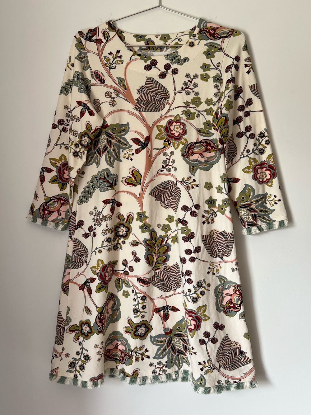 Spartina 449 Cream Botanical Floral Fringe Cotton Shift Dress S Coastal Chic - Picture 2 of 12